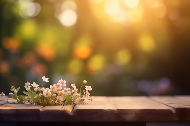 Un ramo de flores blancas y naranjas sobre una mesa de madera