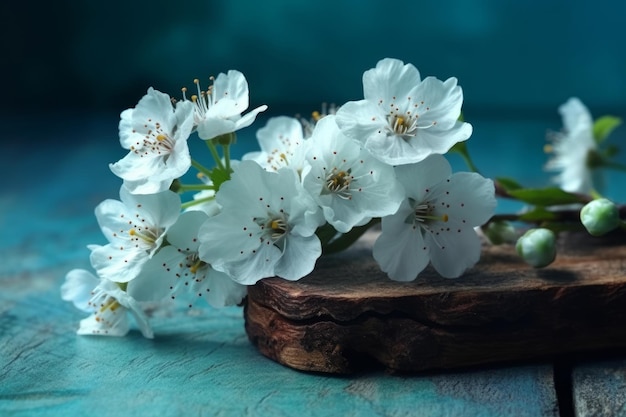 Un ramo de flores blancas sobre un fondo azul.