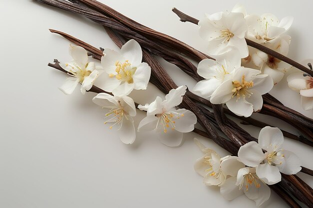 Un ramo de flores blancas en una superficie blanca con tallos marrones y brotes en los tallos con un blanco