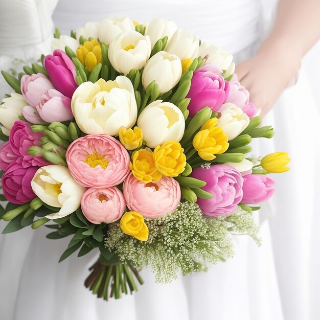 Ramo de flores de boda en manos de la novia generado por IA