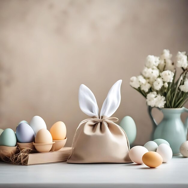 un ramo de flores y una bolsa de huevos están en una mesa