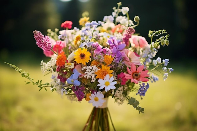 Un ramo de flores en un campo de hierba.