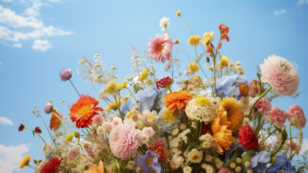 Un ramo de flores con un cielo azul en el fondo