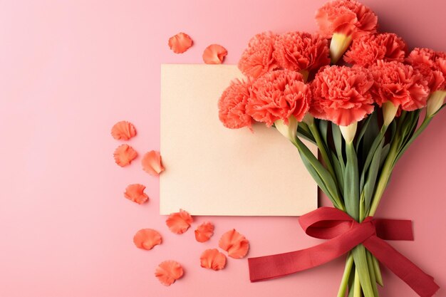 Ramo de flores de clavel rojo con tarjeta en blanco sobre fondo rosa