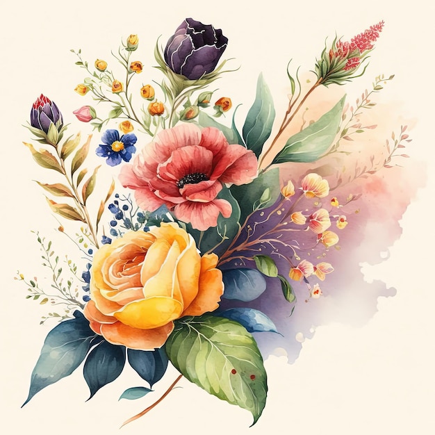 Ramo de flores de colores acuarela aislado sobre fondo blanco Ilustración botánica Plantilla de invitación de tarjeta de felicitación