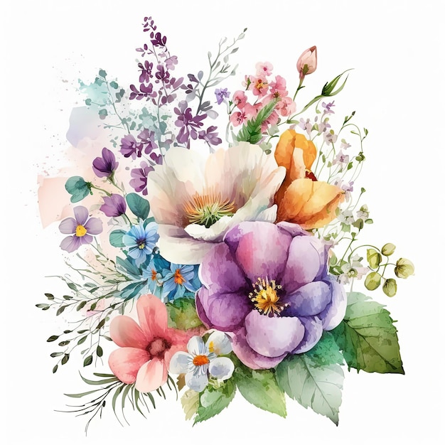 Ramo de flores de colores acuarela aislado sobre fondo blanco Ilustración botánica