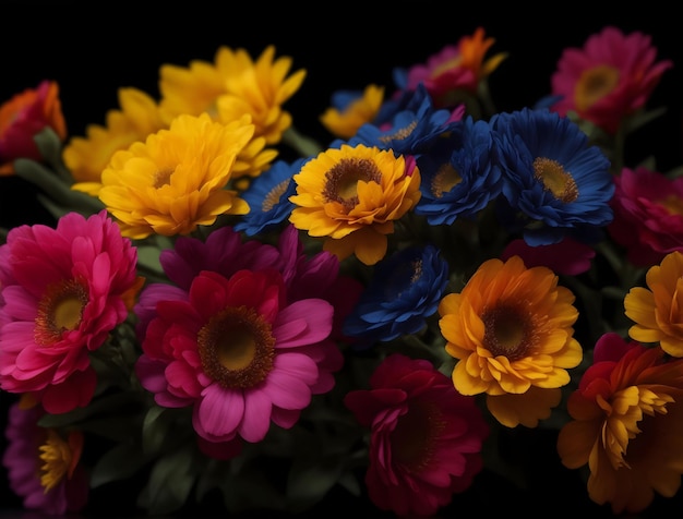 Ramo de flores de colores brillantes contra un bachground negro ai generativo