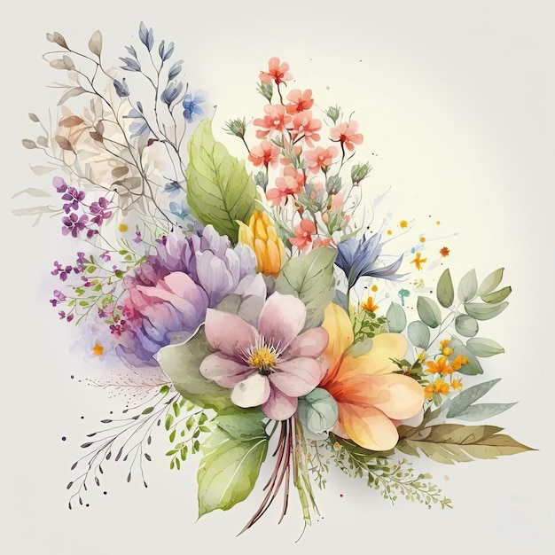 Ramo de flores de colores pastel acuarela aislado sobre fondo blanco Ilustración botánica