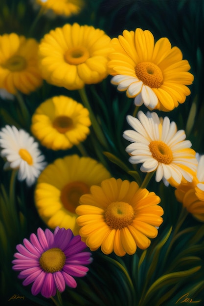 Un ramo de flores de colores que están en un campo.