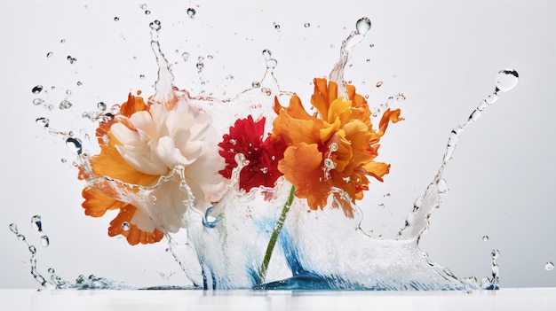 Ramo de flores de colores en salpicaduras de agua sobre un fondo blanco colores coloridos
