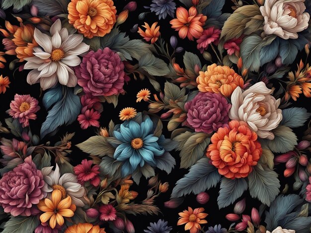 un ramo de flores de colores sobre un fondo negro patrón de flores oscuras papel tapiz flor intrincada d