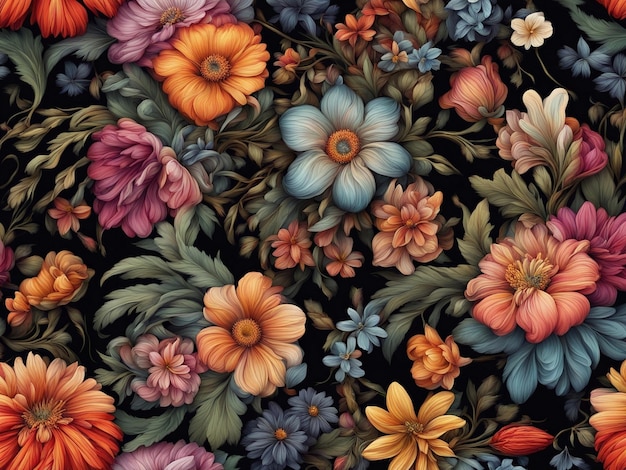 un ramo de flores de colores sobre un fondo negro patrón de flores oscuras papel tapiz flor intrincada d