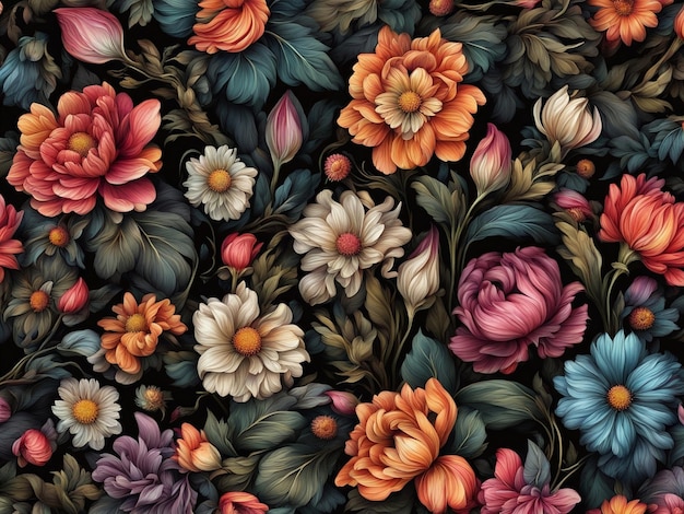 un ramo de flores de colores sobre un fondo negro patrón de flores oscuras papel tapiz flor intrincada d