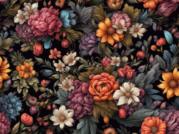 un ramo de flores de colores sobre un fondo negro patrón de flores oscuras papel tapiz flor intrincada d