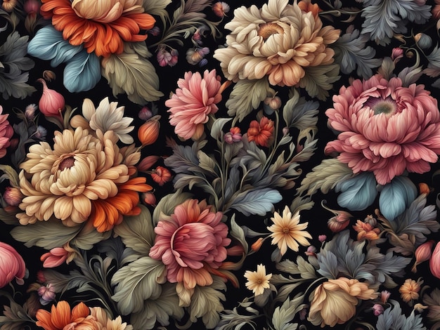 un ramo de flores de colores sobre un fondo negro patrón de flores oscuras papel tapiz flor intrincada d
