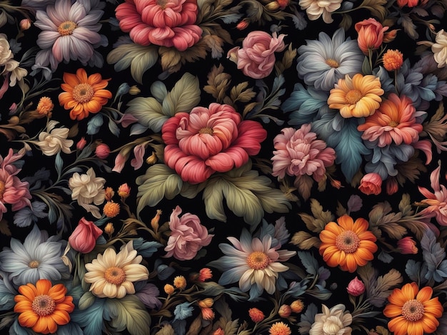 un ramo de flores de colores sobre un fondo negro patrón de flores oscuras papel tapiz flor intrincada d