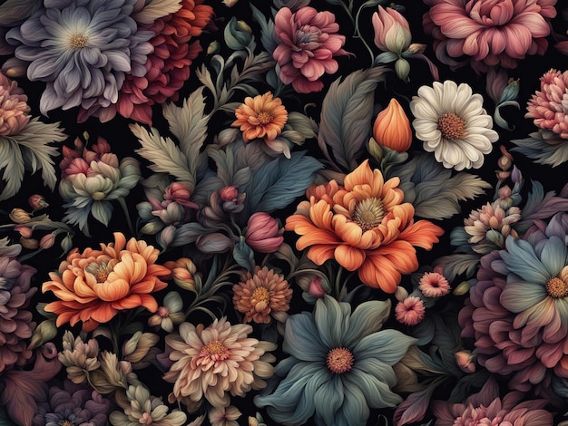 un ramo de flores de colores sobre un fondo negro patrón de flores oscuras papel tapiz flor intrincada d