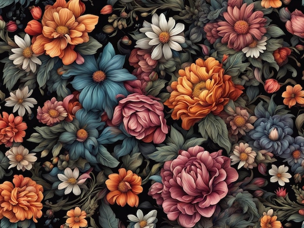 un ramo de flores de colores sobre un fondo negro patrón de flores oscuras papel tapiz flor intrincada d