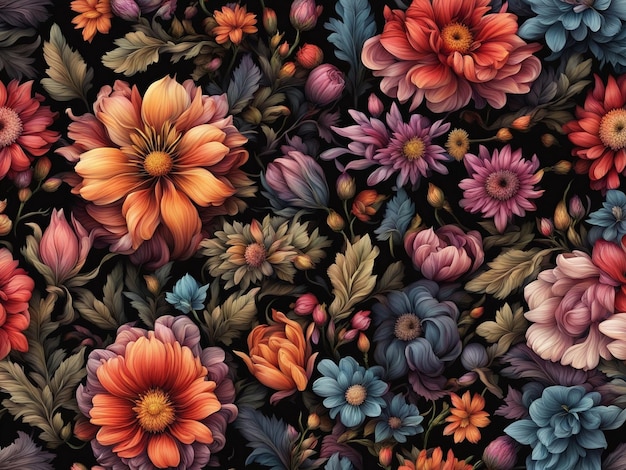 un ramo de flores de colores sobre un fondo negro patrón de flores oscuras papel tapiz flor intrincada d