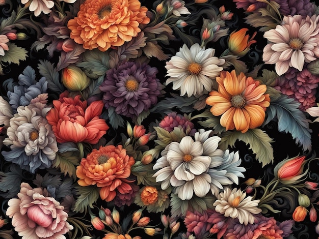 un ramo de flores de colores sobre un fondo negro patrón de flores oscuras papel tapiz flor intrincada d