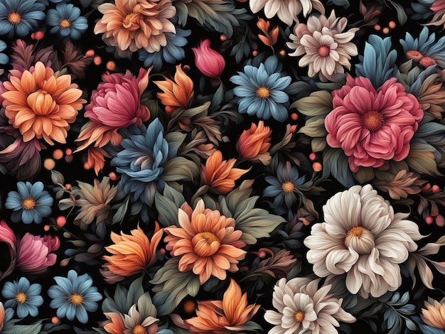 un ramo de flores de colores sobre un fondo negro patrón de flores oscuras papel tapiz flor intrincada d