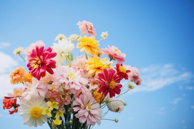 Ramo de flores coloridas con un cielo azul y una nube