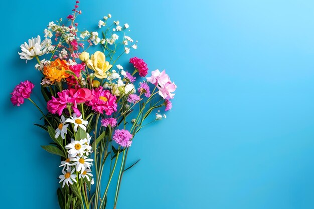 Foto ramo de flores coloridas sobre un fondo azul vista superior plana