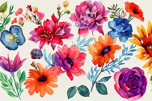 Foto ramo de flores conjunto piezas de acuarela de diseño de obras de arte
