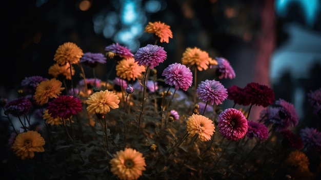 Un ramo de flores en un cuarto oscuro.