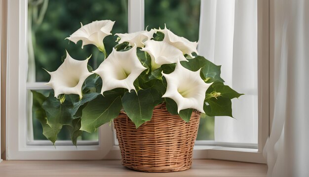 Foto ramo de flores datura en una canasta de mimbre cerca de la ventana