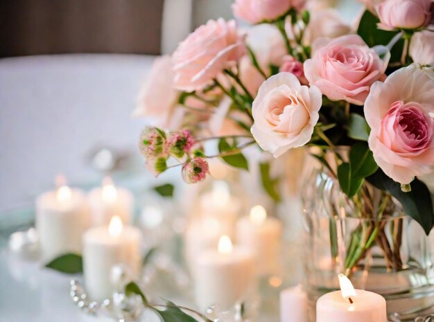 Ramo de flores elegantes en un jarrón de vidrio rodeado de velas en la mesa