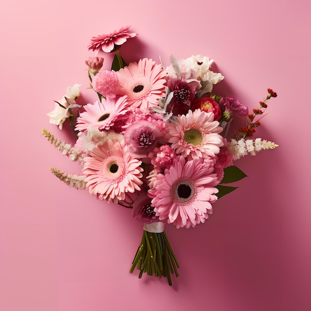 Un ramo de flores está sobre un fondo rosa.