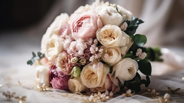 Un ramo de flores está sobre una mesa.