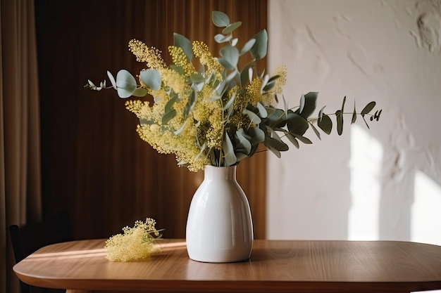 Ramo de flores de eucalipto en florero sobre mesa de madera