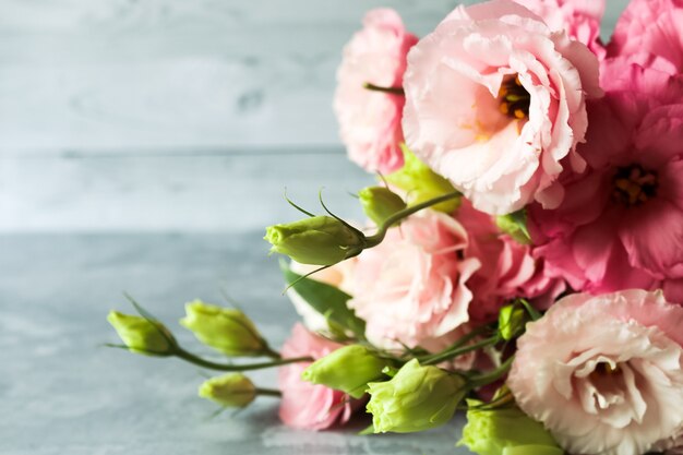 Ramo de flores de eustoma rosa sobre fondo gris