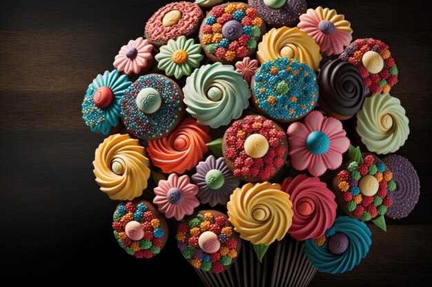 Ramo de flores festivas multicolores como dulces con cupcakes a bordo