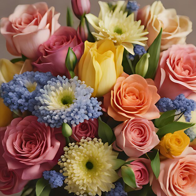 un ramo de flores con una flor amarilla y rosa en el centro