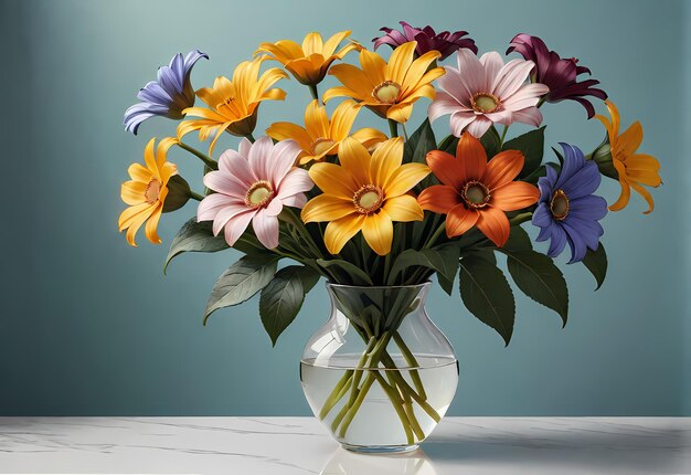 Ramo de flores en florero en la mesa de la habitación