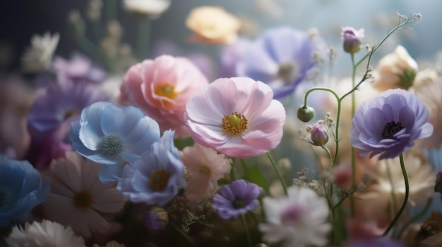 Un ramo de flores con un fondo azul y rosa.