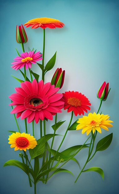 Un ramo de flores con un fondo azul.