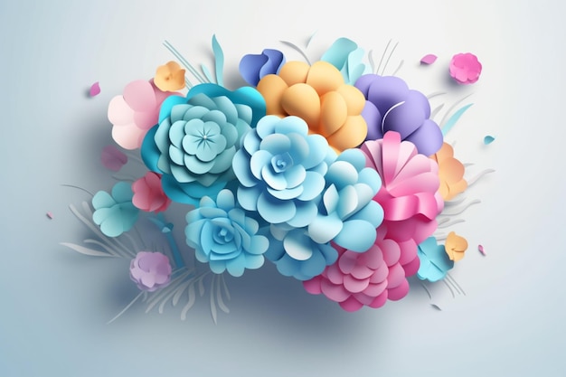 Un ramo de flores con un fondo rosa y azul.