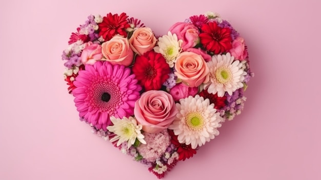 Ramo de flores en forma de corazón sobre fondo rosa