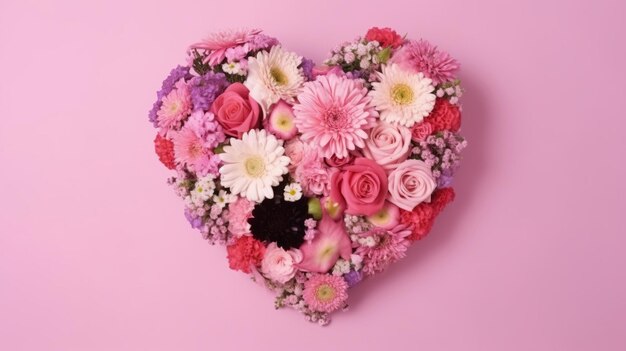 Ramo de flores en forma de corazón sobre fondo rosa