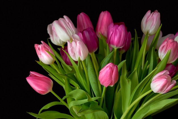 Ramo de flores frescas de tulipanes en una mesa en una casa vacía Flores frescas de color rosa de verano que simbolizan la esperanza, el amor y el crecimiento Flores brillantes como regalo sorpresa o gesto de disculpa contra el espacio de copia negra