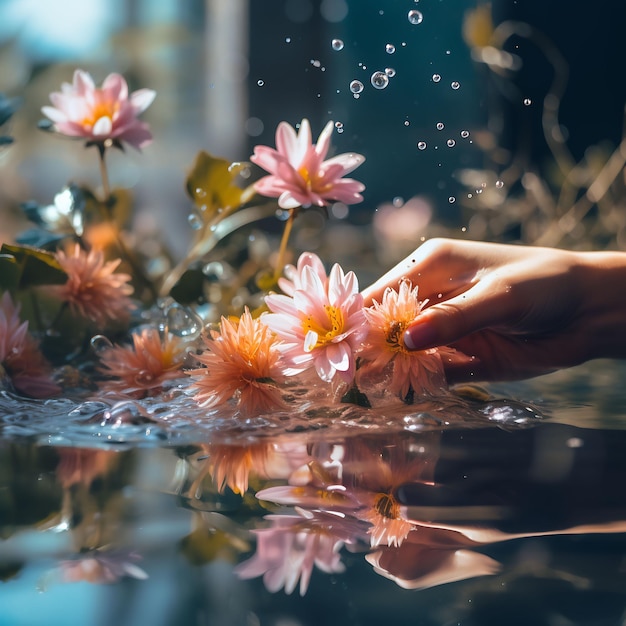 un ramo de flores con gotas de agua al fondo