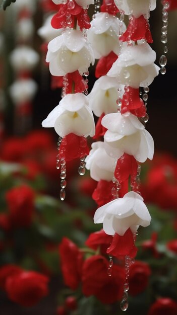 Un ramo de flores con gotas de agua sobre ellas.