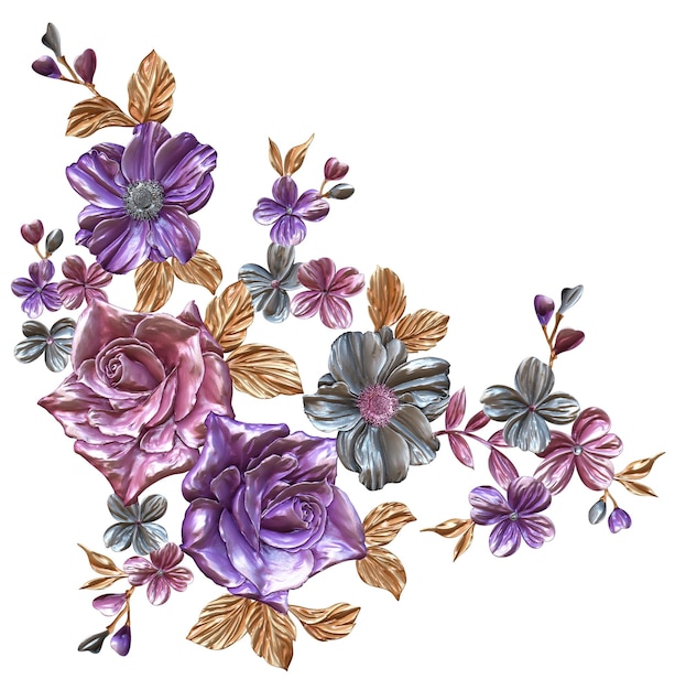 Un ramo de flores con hojas y flores sobre un fondo blanco.