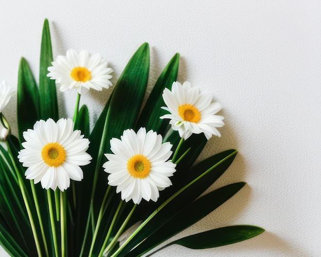 Un ramo de flores con hojas verdes sobre un fondo blanco.