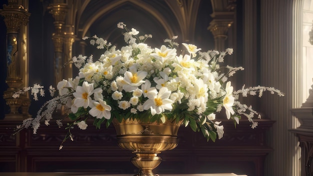 Un ramo de flores en una iglesia.