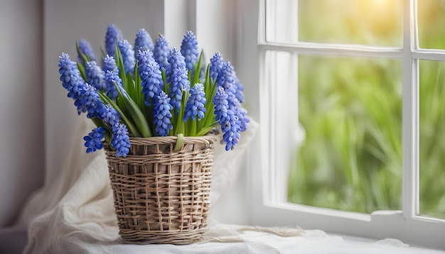 Foto ramo de flores de jacinto de uva en una canasta de mimbre cerca de la ventana